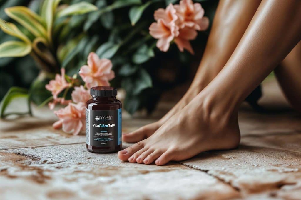 כפות רגליים עם ציפורניים יפות ובריאות ולידן בקבוק של 90 כמוסות ויטמינים ומינרלים של המותג ויטה קליר 360+ לחיזוק הציפורניים, פטרת וטראומות בציפורן